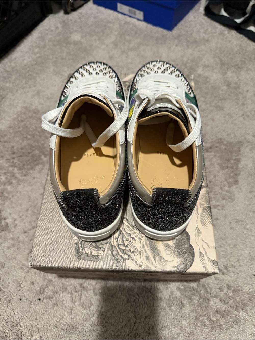 Christian Louboutin White, Black and Green Sequin-Accent Low-Top Sneakers - Picture 3 of 10